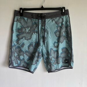 O'Neill Aqua Blue and Gray Board Shorts with floral Pattern, Men’s 32